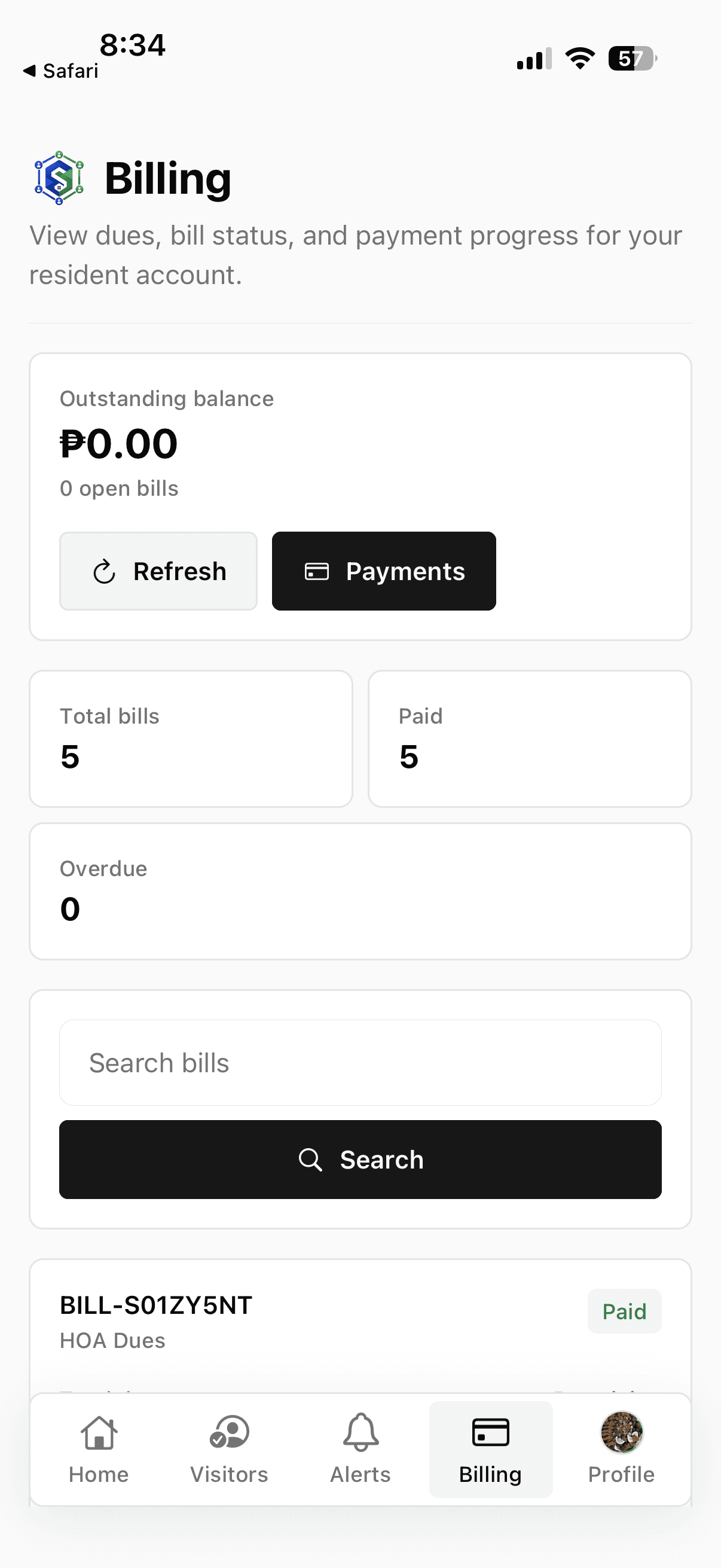 SubdiviCore resident mobile app billing screen showing dues and payment status