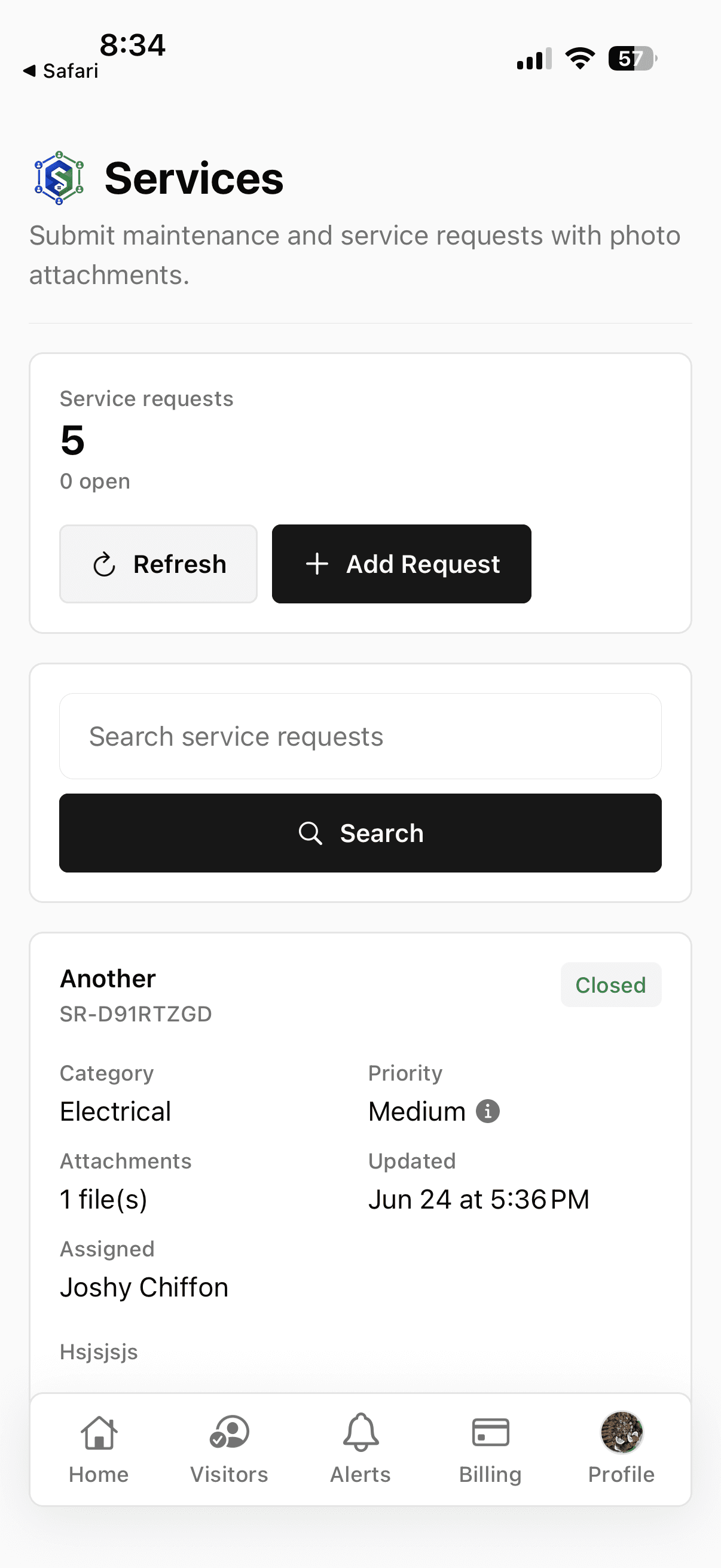 SubdiviCore resident mobile app services screen showing service request tools