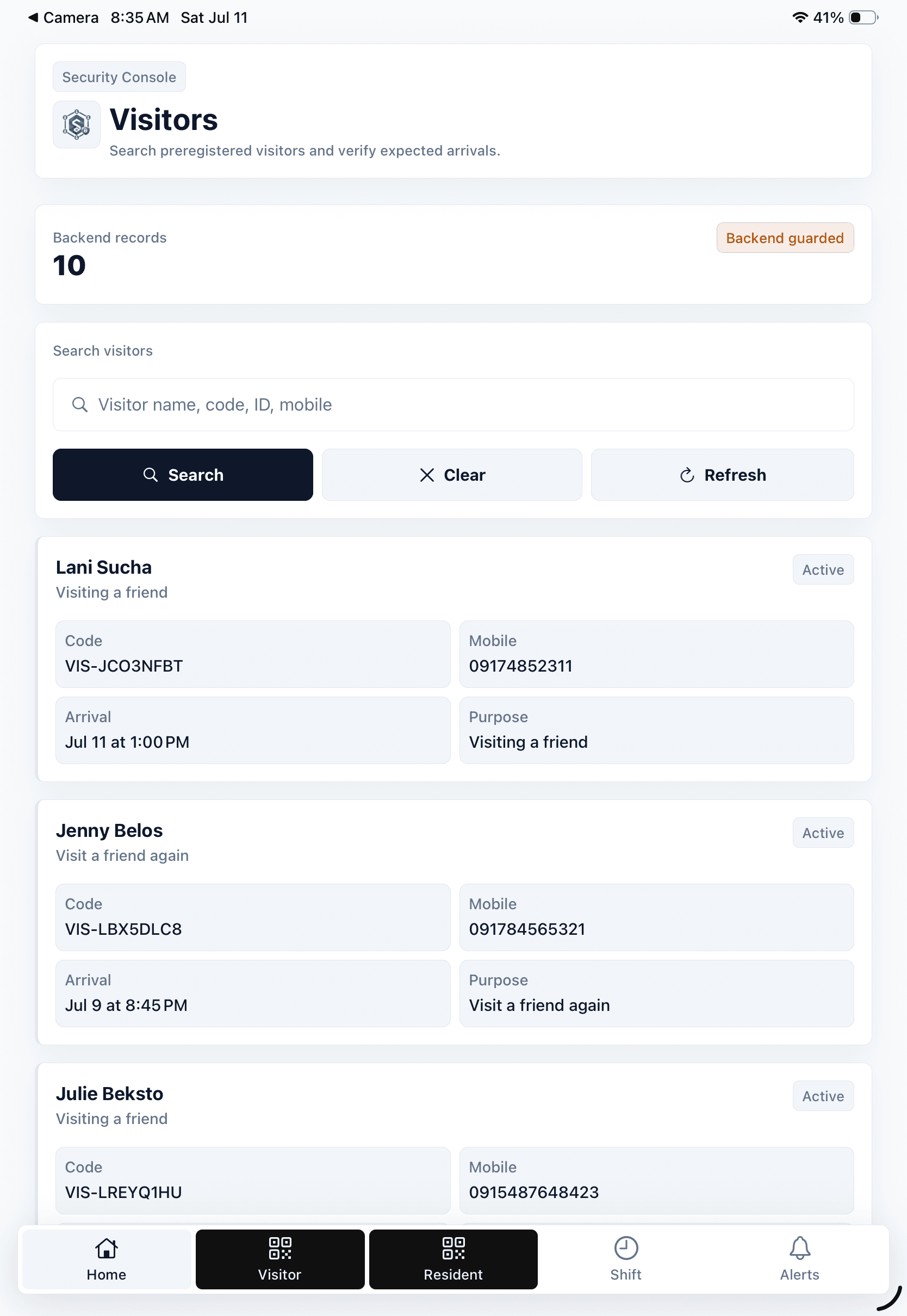 SubdiviCore security mobile app visitors screen showing visitor search and records