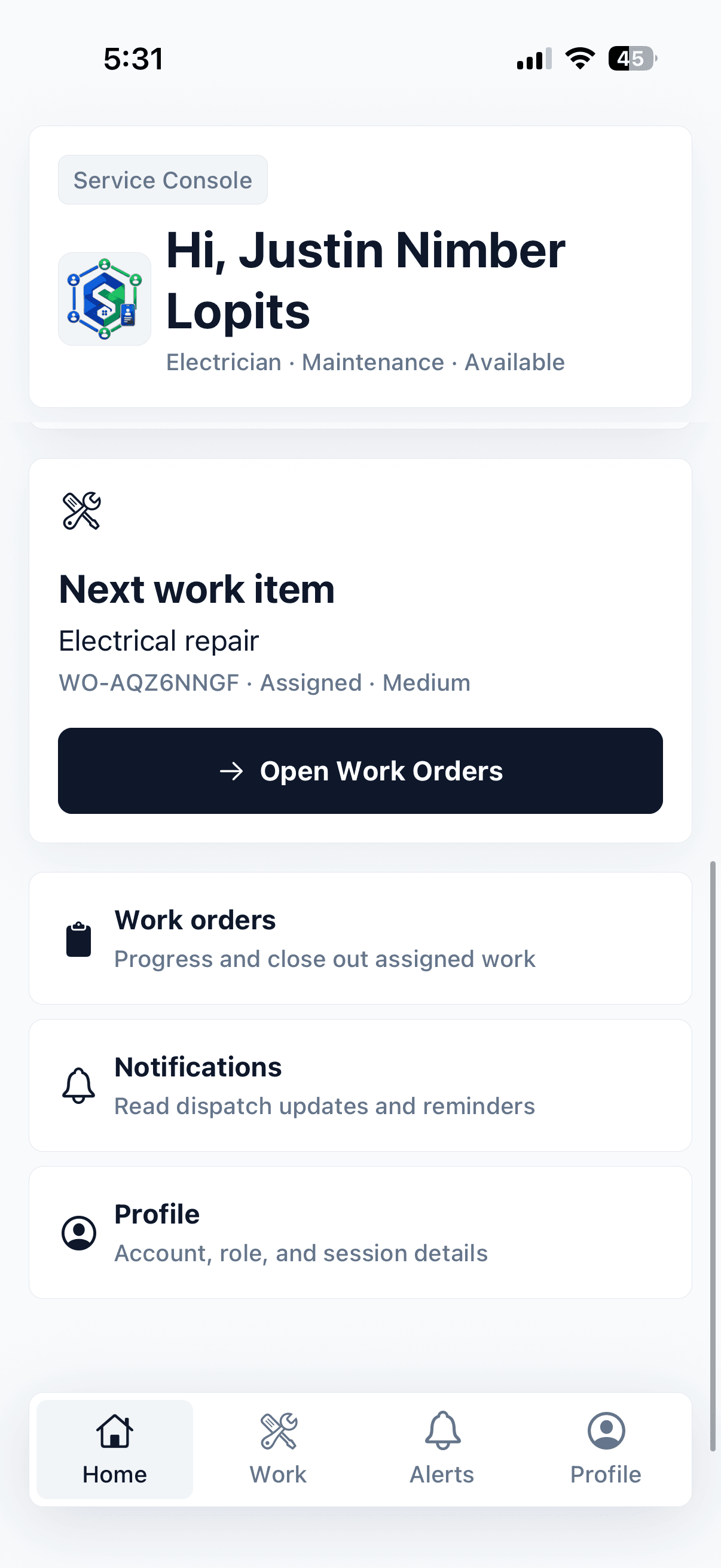 SubdiviCore service mobile app home screen showing the next assigned work item and service shortcuts