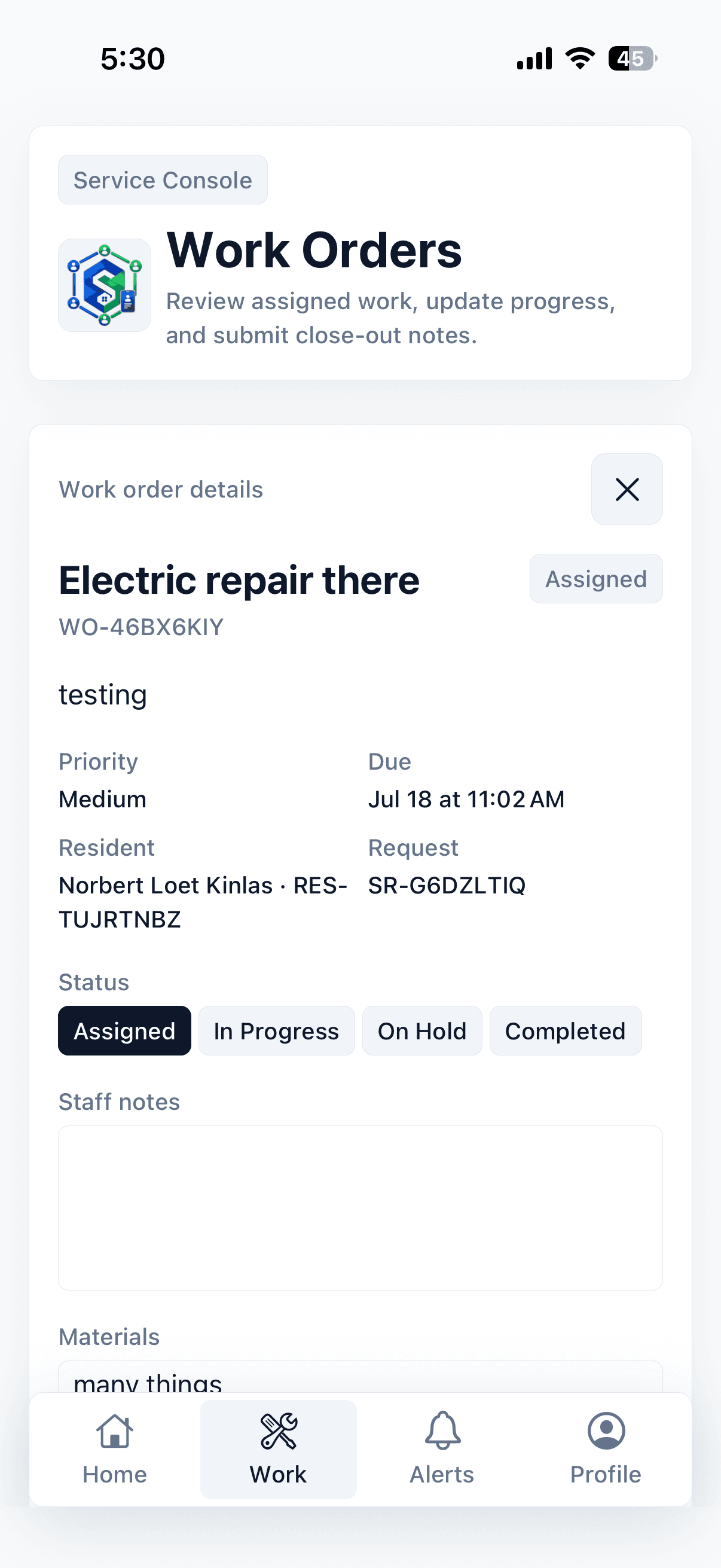 SubdiviCore service mobile app work order detail screen showing status updates and execution notes