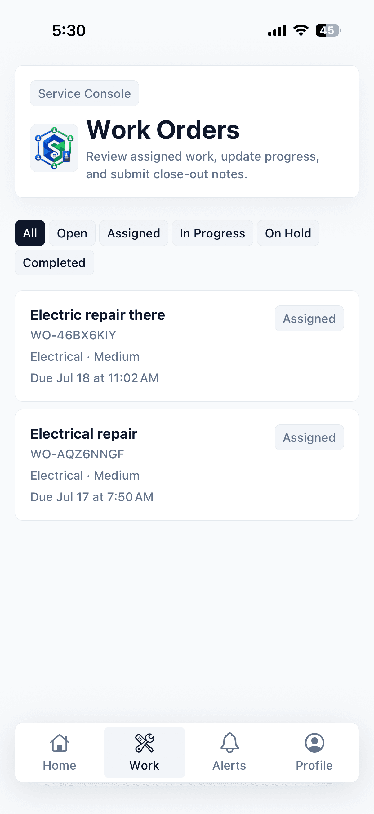SubdiviCore service mobile app work orders screen showing assigned work and status filters